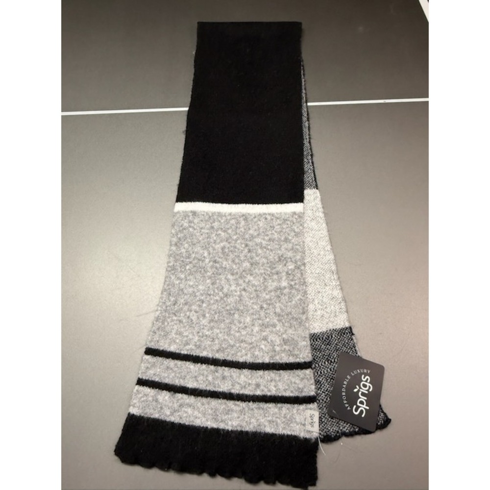 Sprigs Affordable Luxury Knit Scarf Black Gray Color Block Scalloped Edge